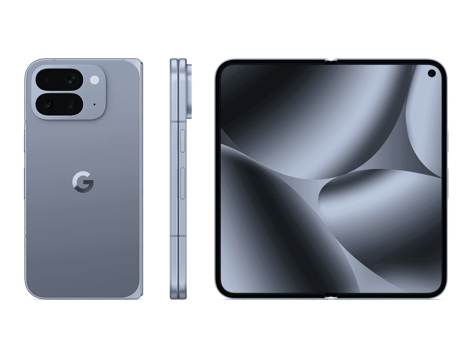 Google Pixel 10 Pro Fold folded from the back with its triple camera, in profile showing the hinge and folded thickness, and open showing the 8-inch inner screen