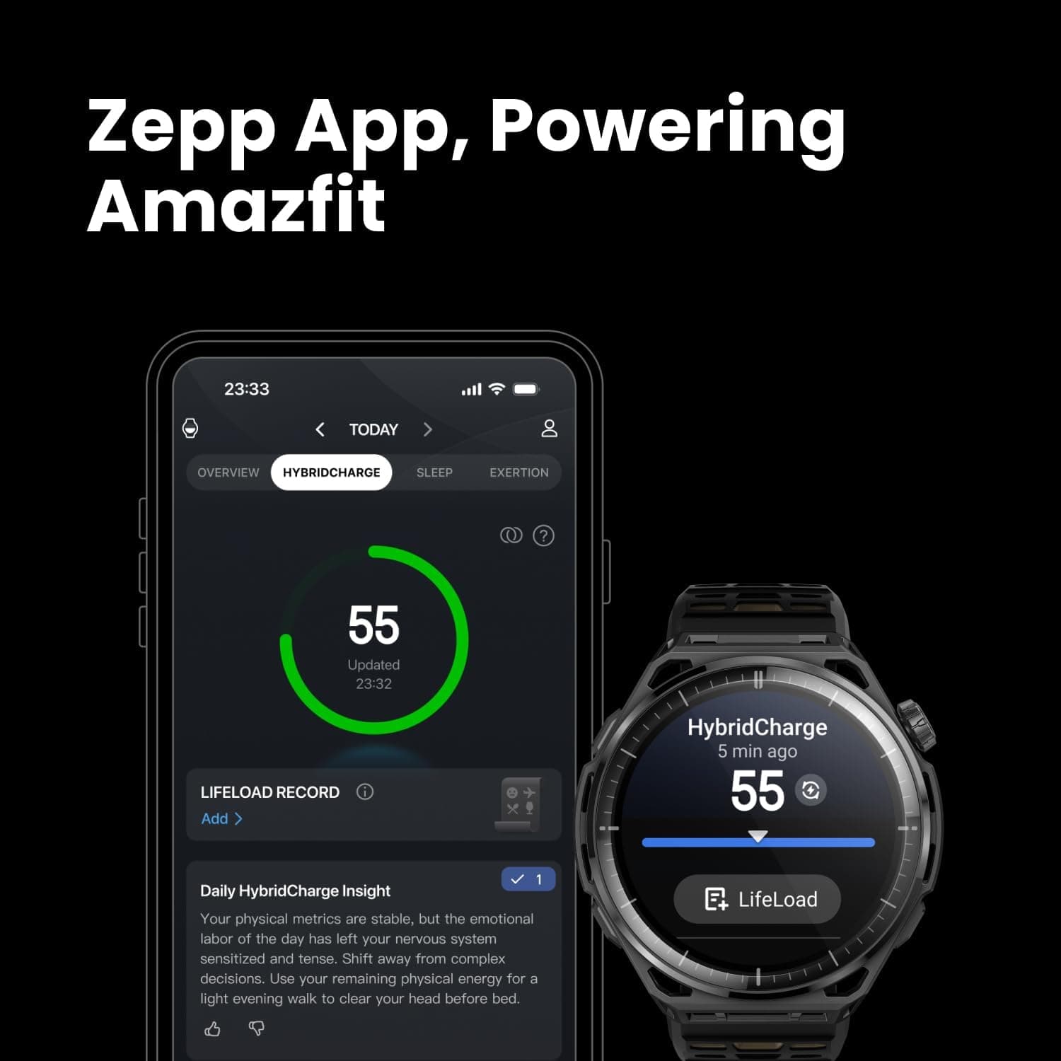 Amazfit Balance 3 beside the Zepp App showing a HybridCharge score and LifeLoad record
