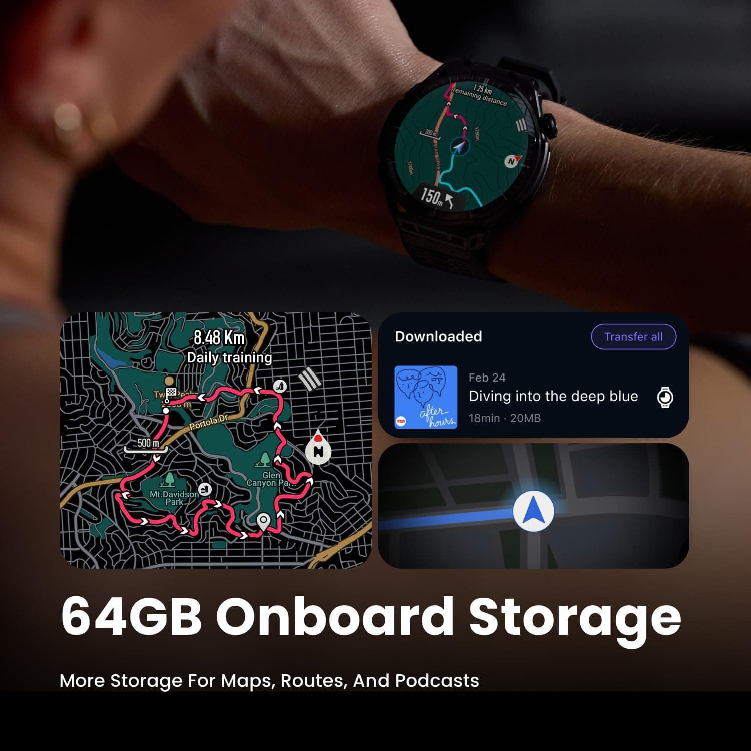 Amazfit Balance 3 showing offline map navigation, with 64 GB of onboard storage