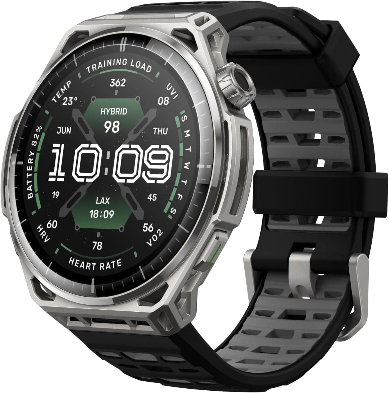 Amazfit Balance 3 in a stainless steel case with a black and grey sport band