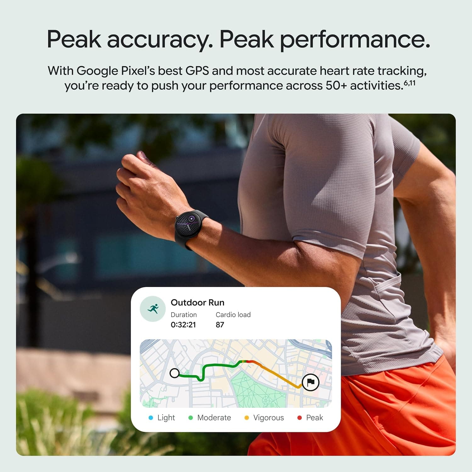 Google Pixel Watch 5 tracking an outdoor run with a GPS route