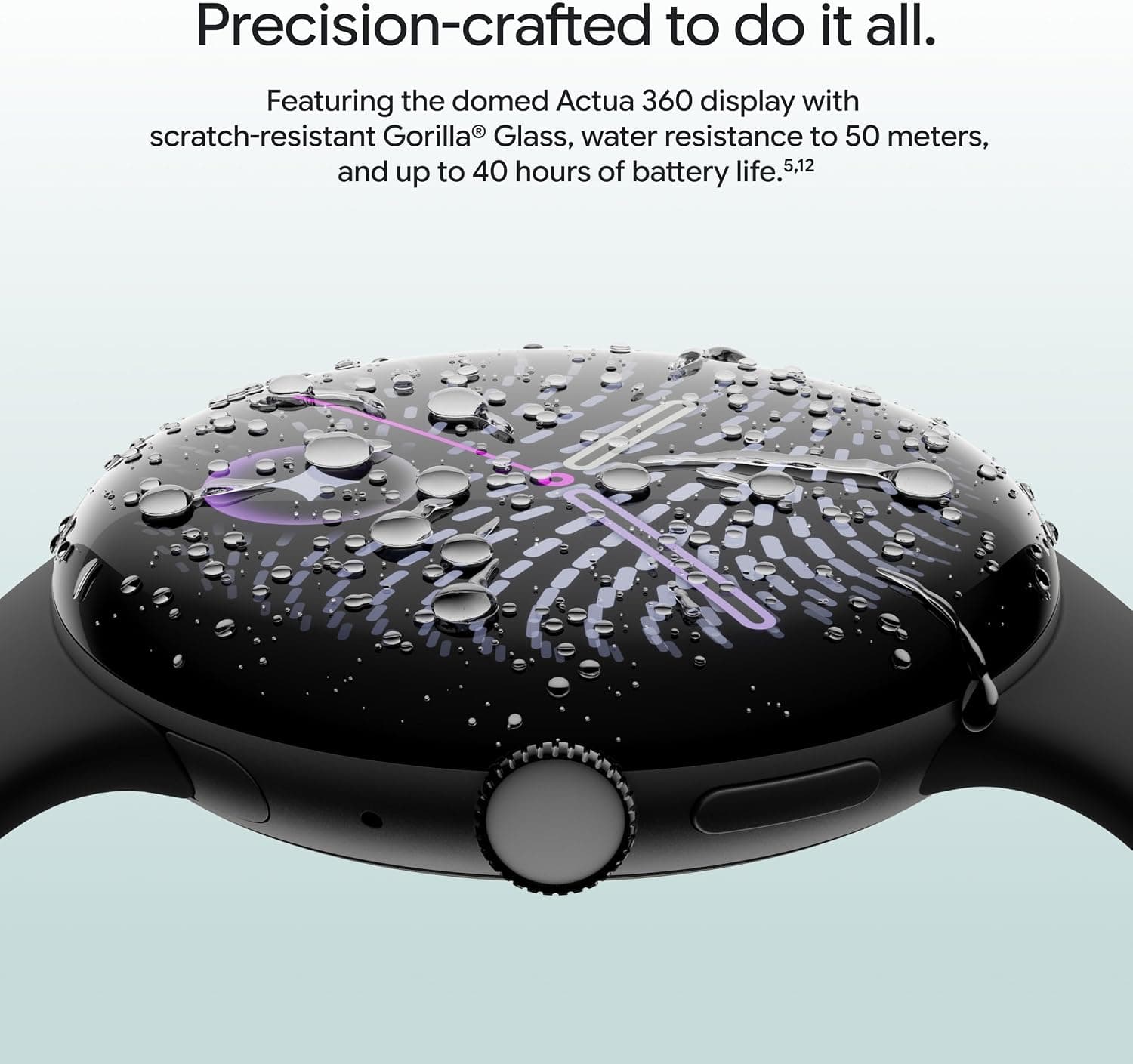 Google Pixel Watch 5 domed display with water droplets