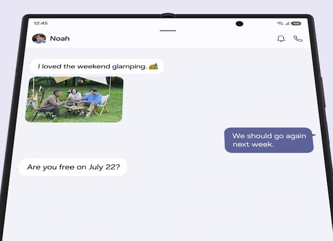 Galaxy Z Fold8 Ultra opened out, with a messaging conversation running across the full width of the 8.0-inch inner screen