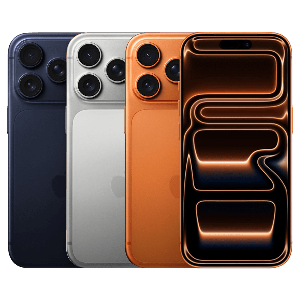 iPhone 17 Pro in deep blue, silver and cosmic orange from the back, with a front view showing the display