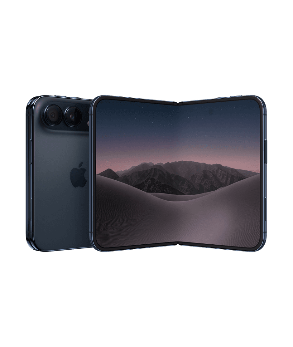 Apple iPhone Duo in Night Sky, closed from the back showing its two-camera system, and open showing the 7.6-inch inner display