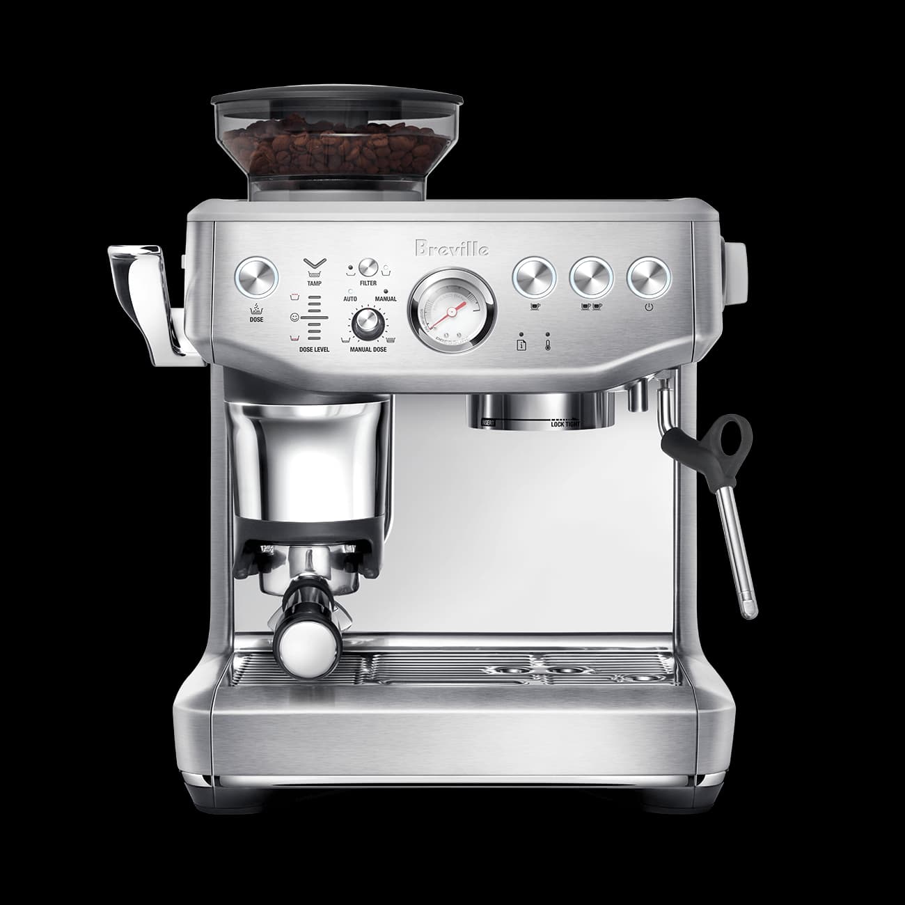 Breville Barista Express Impress in brushed stainless steel, with its assisted tamping lever