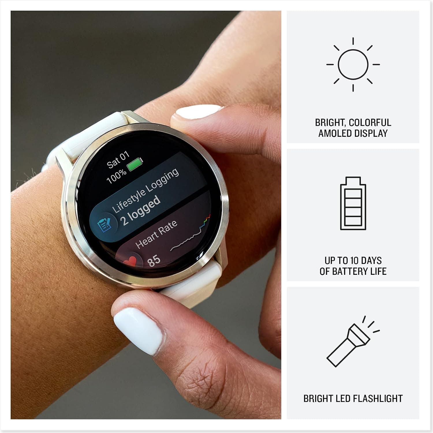 Garmin Venu 4 AMOLED display battery and flashlight features
