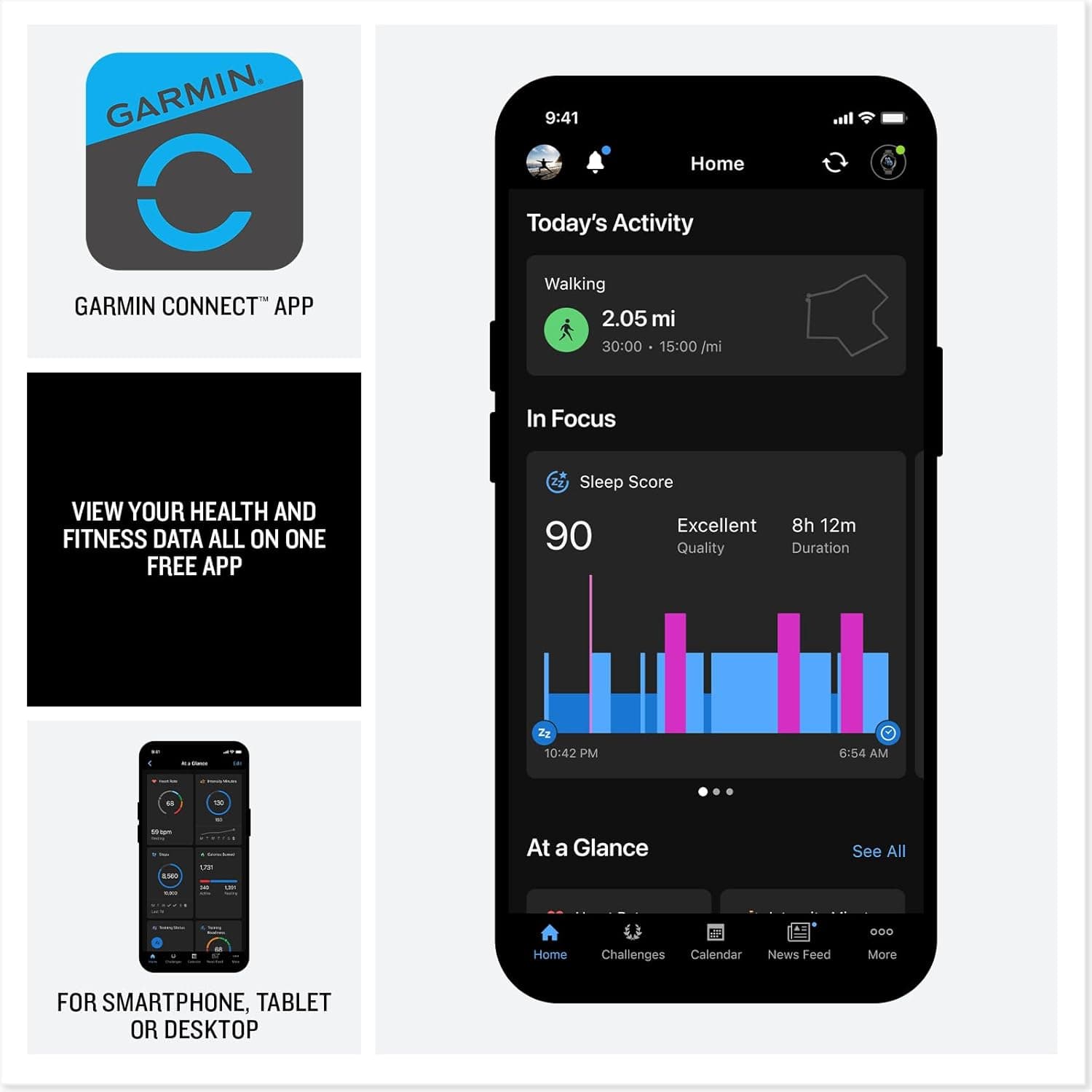 Garmin Connect app health and fitness dashboard