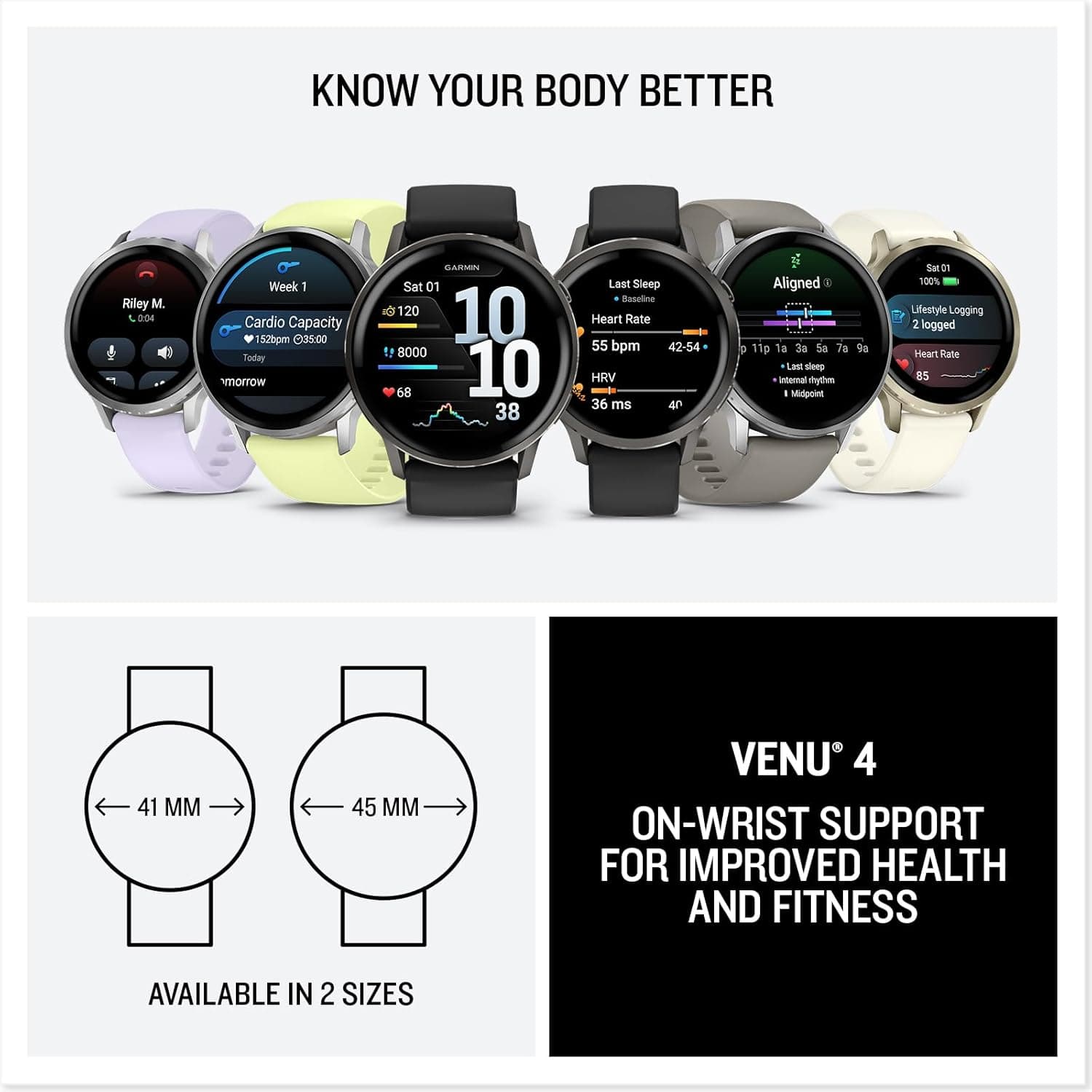 Garmin Venu 4 colour options and the 41 mm and 45 mm case sizes