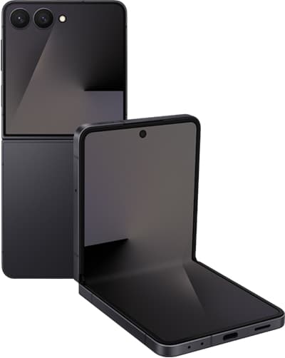 Galaxy Z Flip7 in Jetblack, one unit folded from the back and one part-open showing the 6.9-inch inner screen and its punch-hole selfie camera