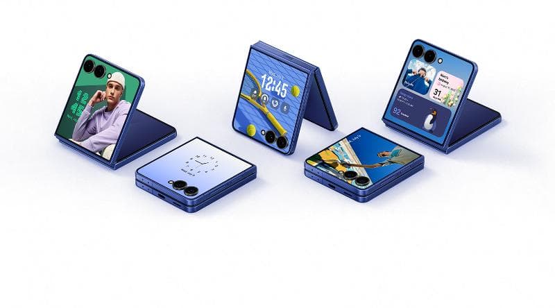 Five Galaxy Z Flip7 units in one shot: folded flat with widgets on the cover screen, half-open in Flex mode, and angled to show the hinge and the rear cameras