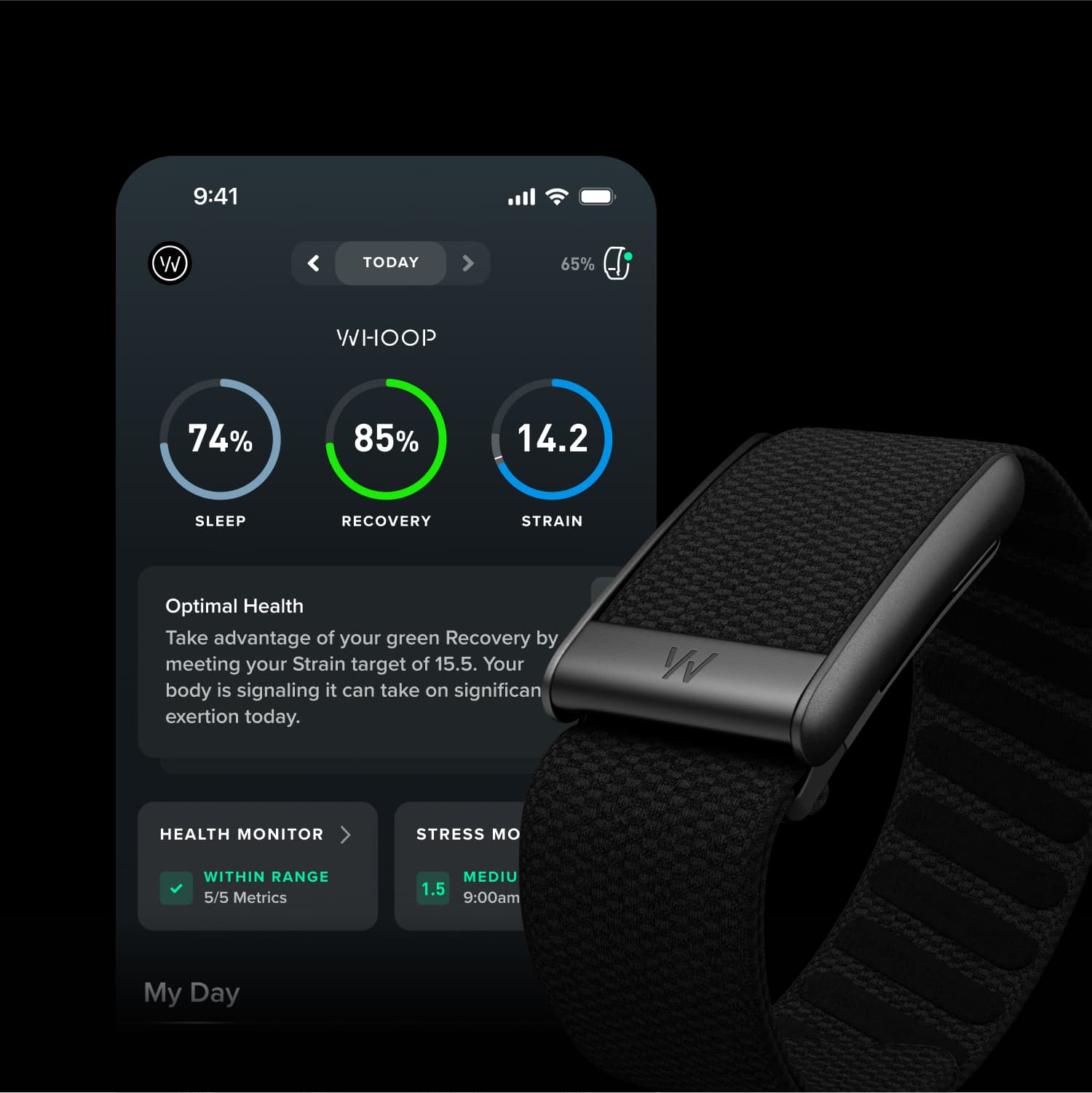 The WHOOP app showing Sleep, Recovery and Strain scores next to a WHOOP band