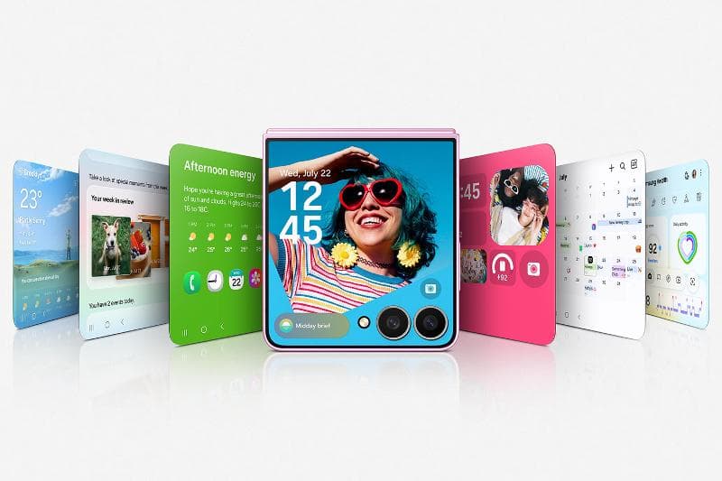Galaxy Z Flip8 folded with a lock screen and widgets on the FlexWindow, fanned against other cover-screen layouts including weather, photos and a calendar