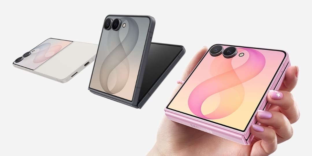 Three Samsung Galaxy Z Flip8 units: one folded from behind, one standing half-open showing the inner screen and hinge, and one held showing the cover display with the two rear cameras inside it