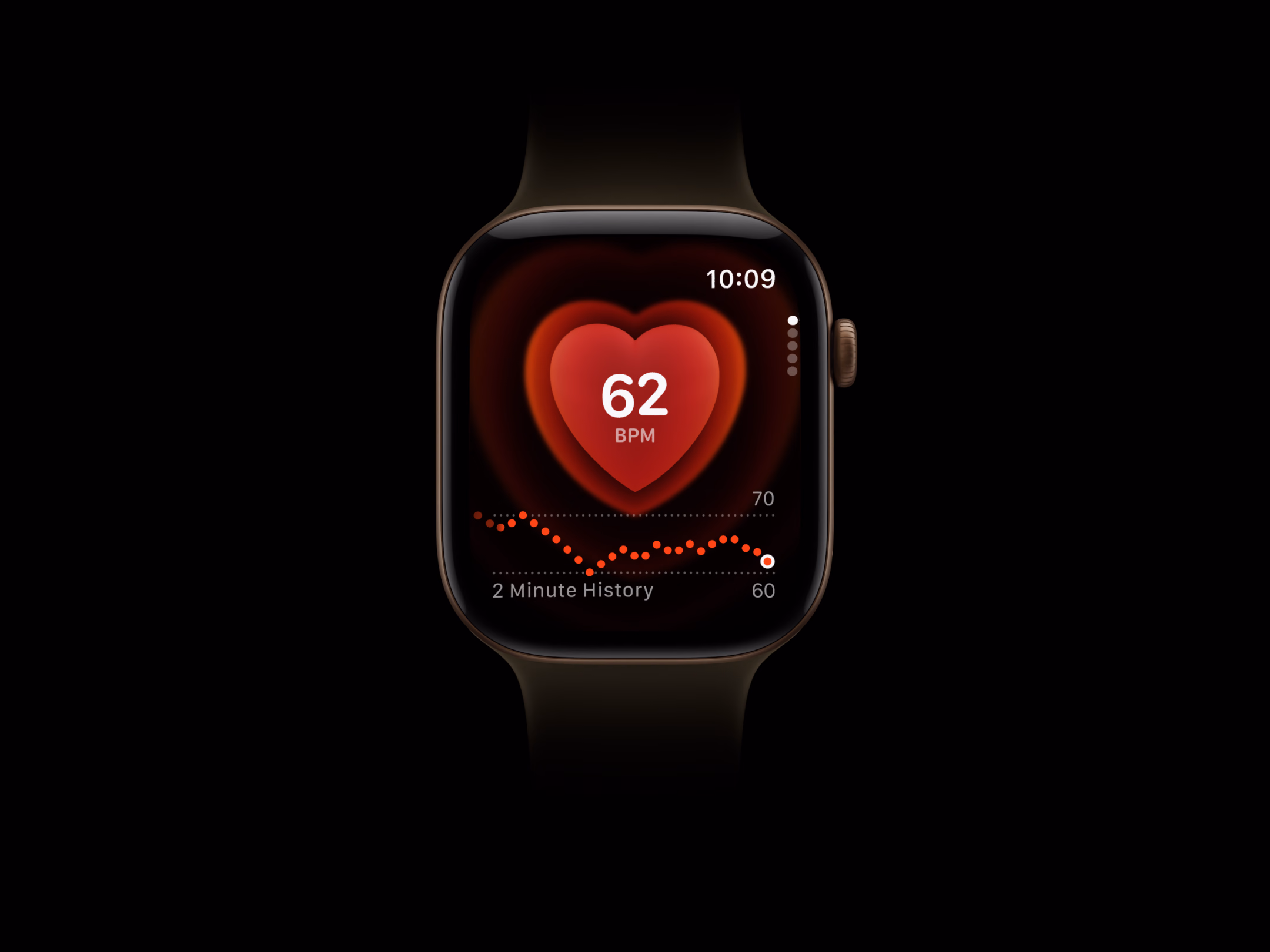 Apple Watch Series 12 showing the Heart Rate app with a reading of 62 BPM and a two-minute history