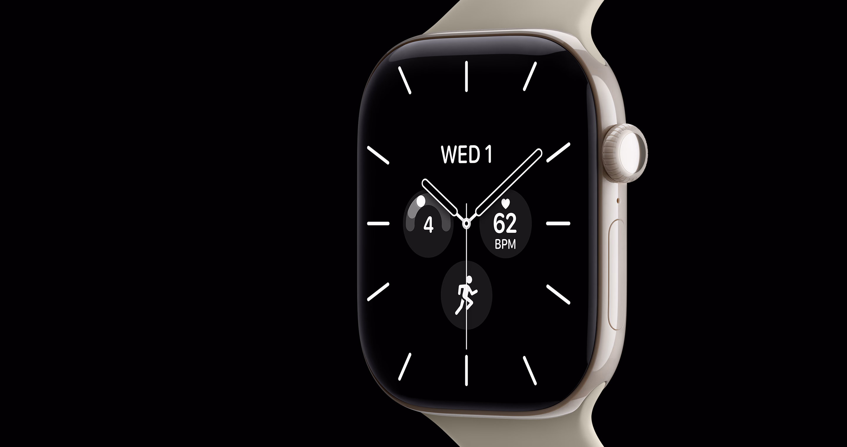 Apple Watch Series 12 in a light finish, showing a watch face with heart rate and activity complications