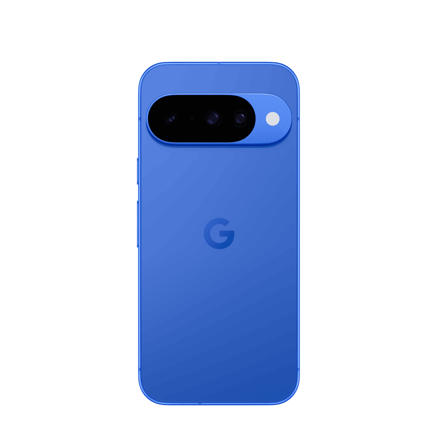 Google Pixel 10 in Indigo from the back, showing the three-lens camera bar