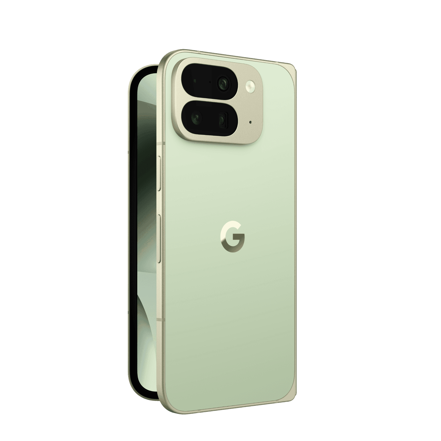 Google Pixel 10 Pro in Jade at an angle, showing the back and the edge of the display