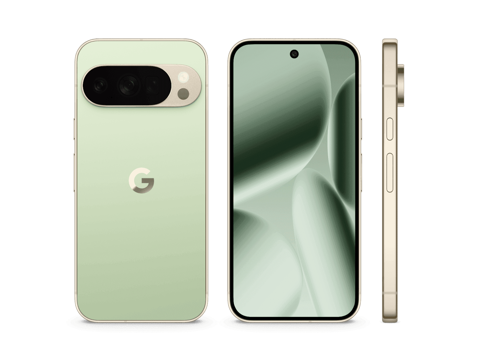 Google Pixel 10 Pro in Jade, shown from the back with its three-camera bar, from the front, and in profile