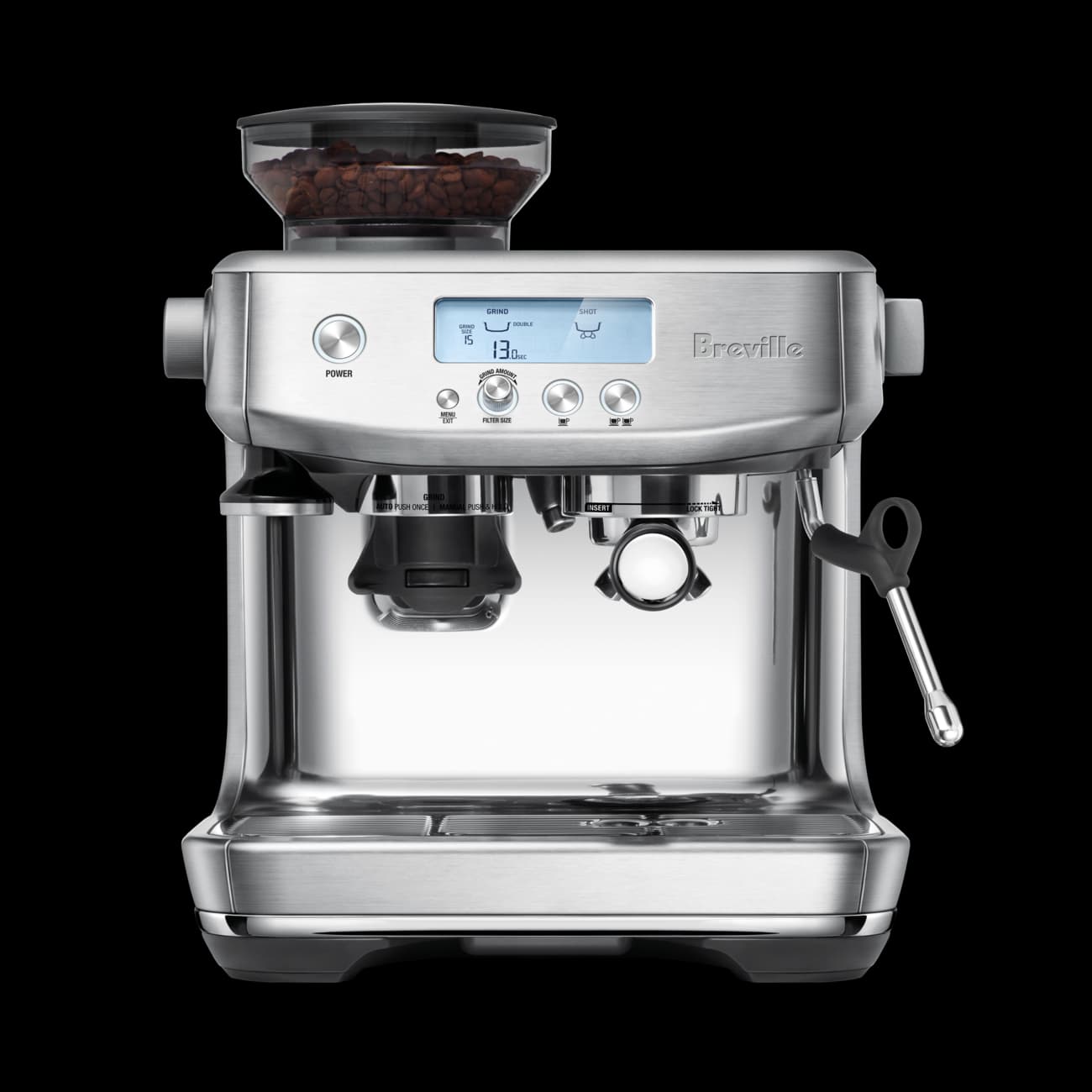 Breville Barista Pro in brushed stainless steel, with its LCD display and integrated grinder