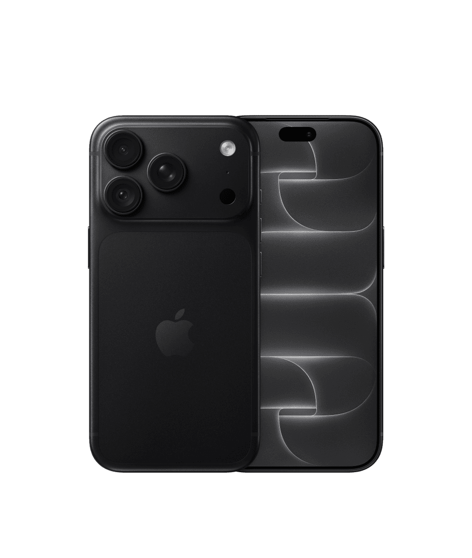 iPhone 18 Pro in black, front and back together, showing the display and the triple-camera plateau