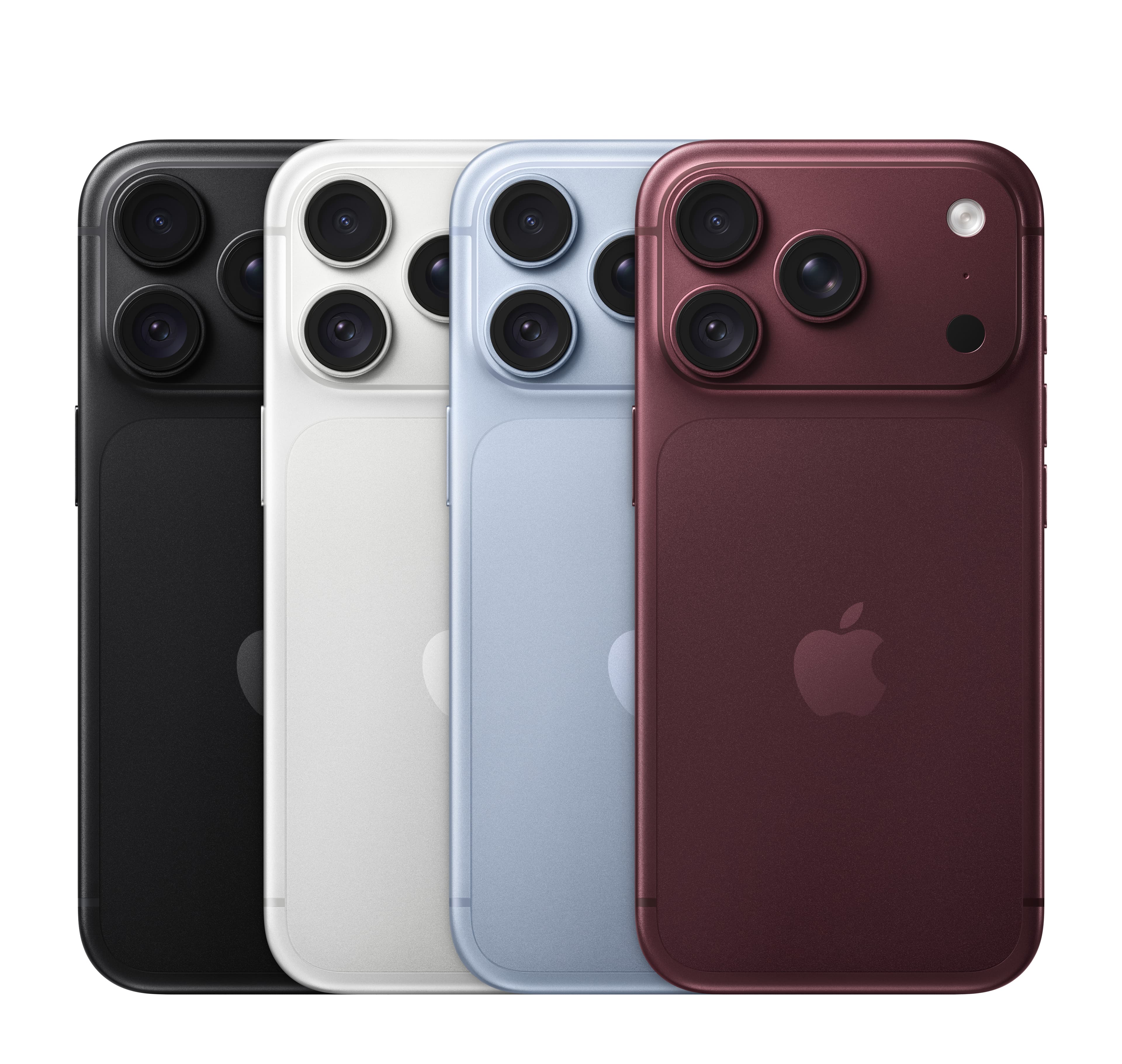 iPhone 18 Pro from the back in all four finishes — black, white, blue and burgundy — showing the triple-camera plateau