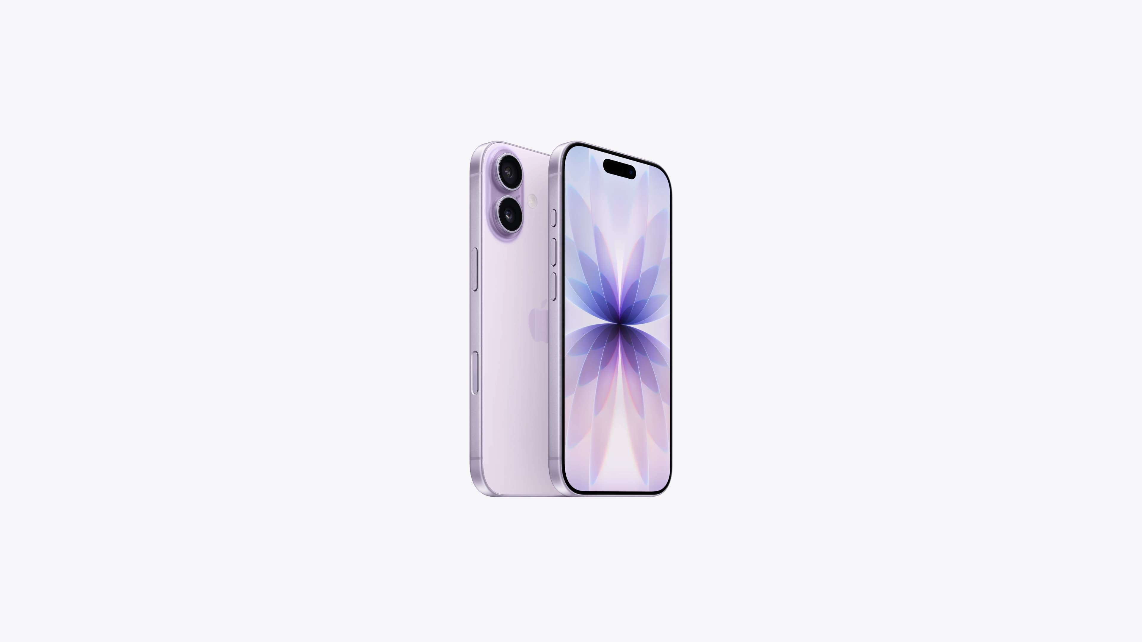iPhone 17 in lavender, front and back together, showing the display and the dual-camera module