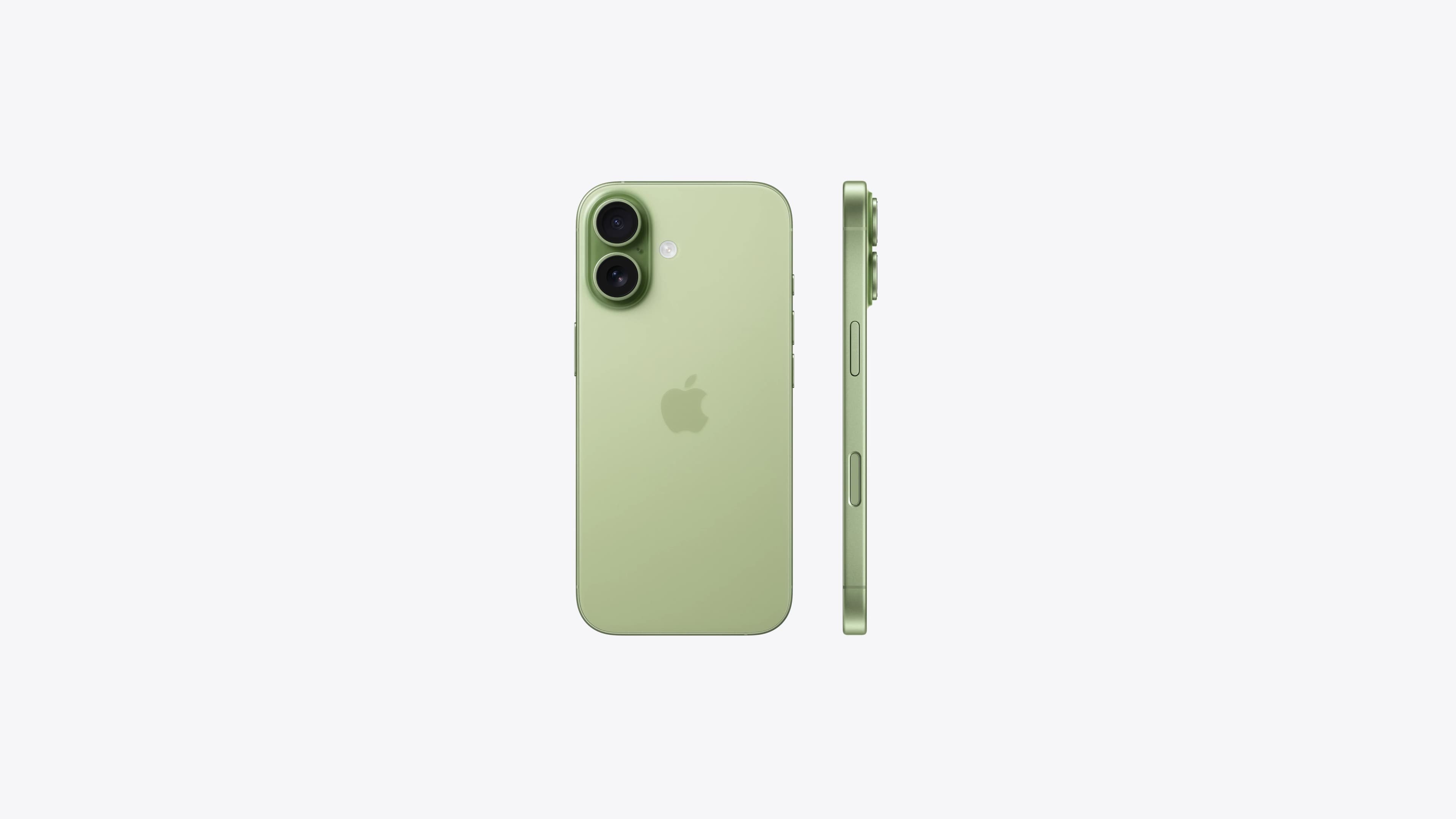 iPhone 17 in sage from the back and from the side, showing the thickness of the body