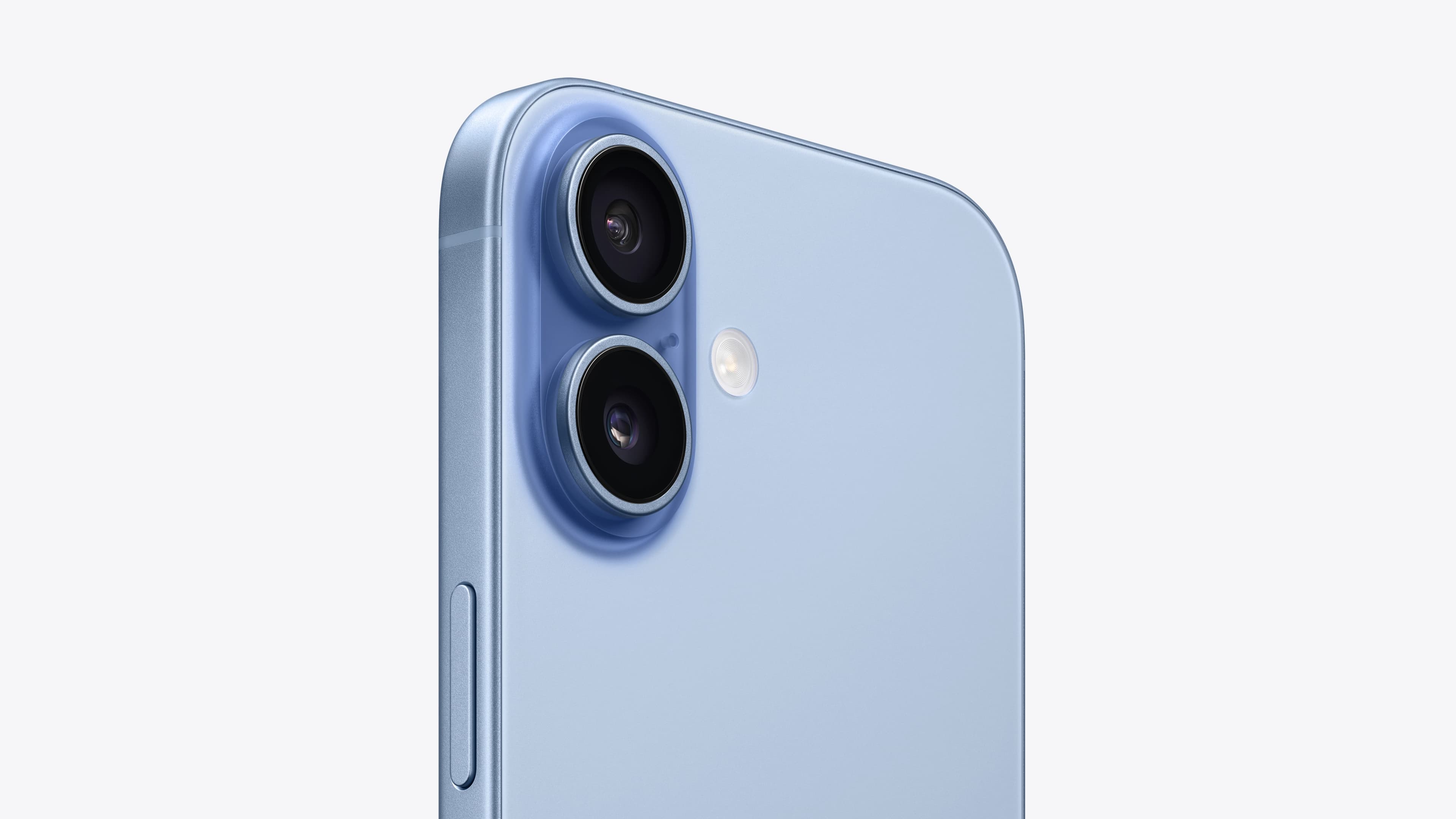 Close-up of the iPhone 17 dual-camera module in mist blue