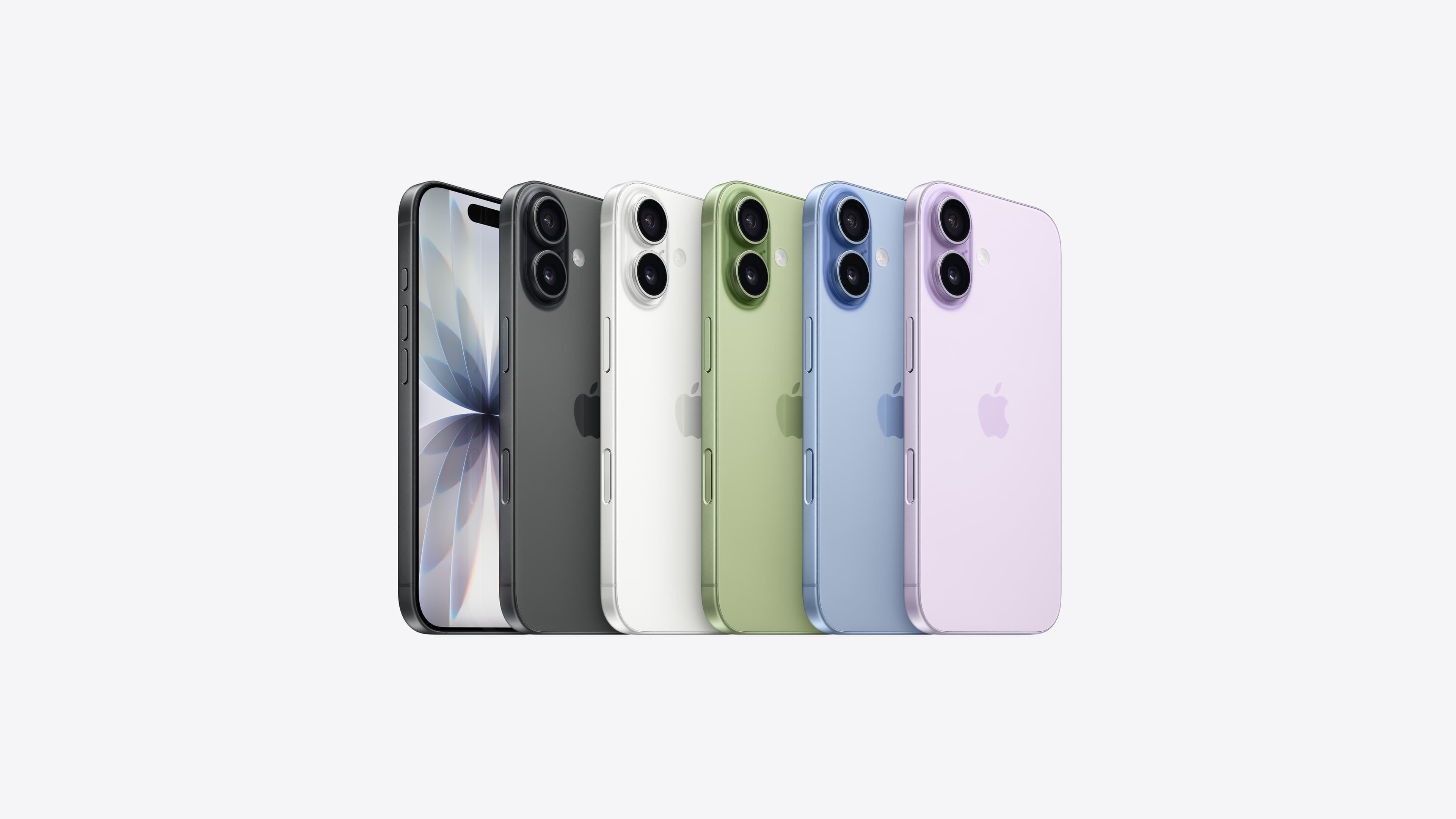 iPhone 17 in all five finishes — black, white, sage, mist blue and lavender — showing the dual-camera module, with one front view