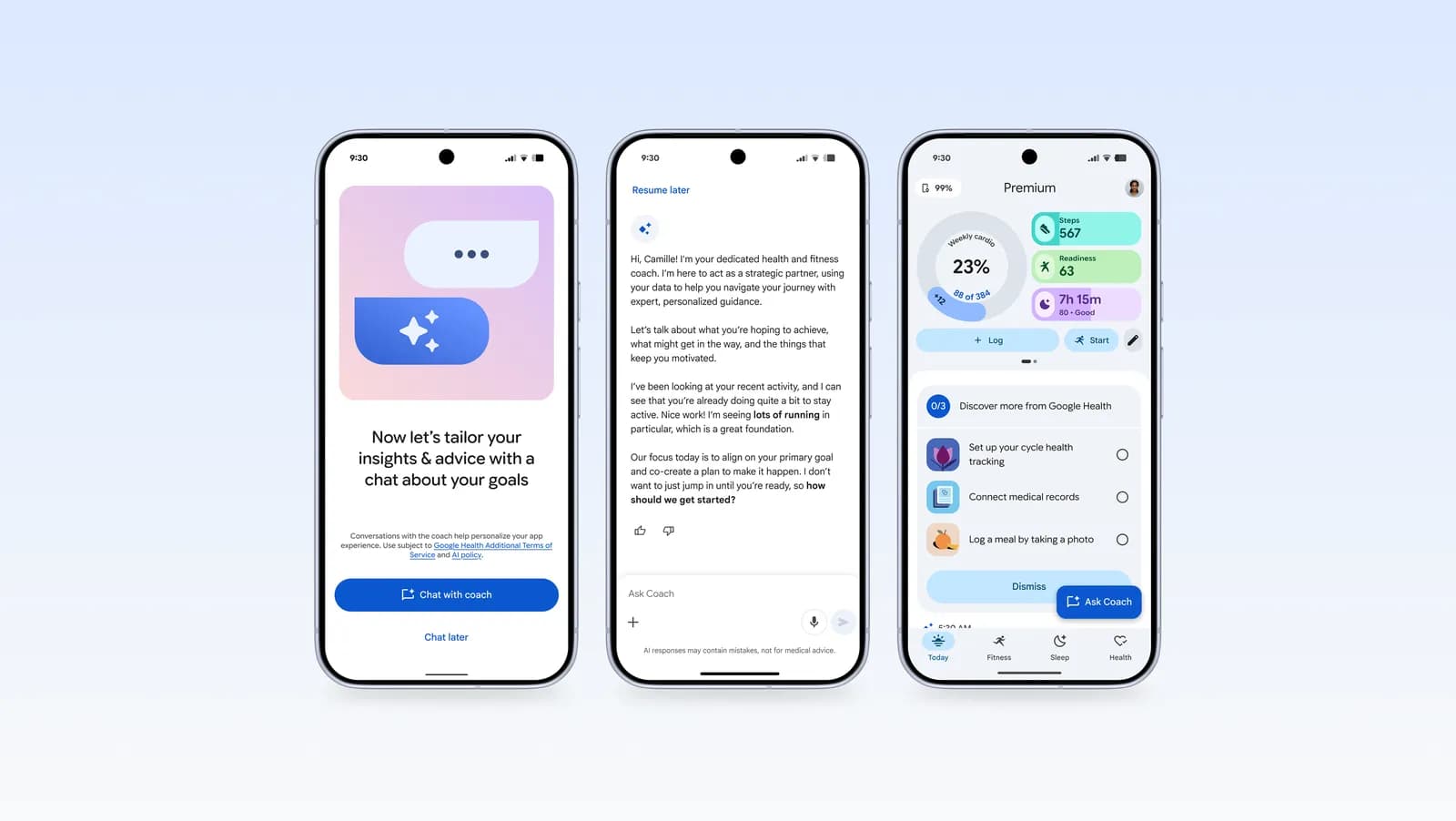 Three phone screens showing the Google Health app: onboarding, a coaching conversation and the Premium dashboard