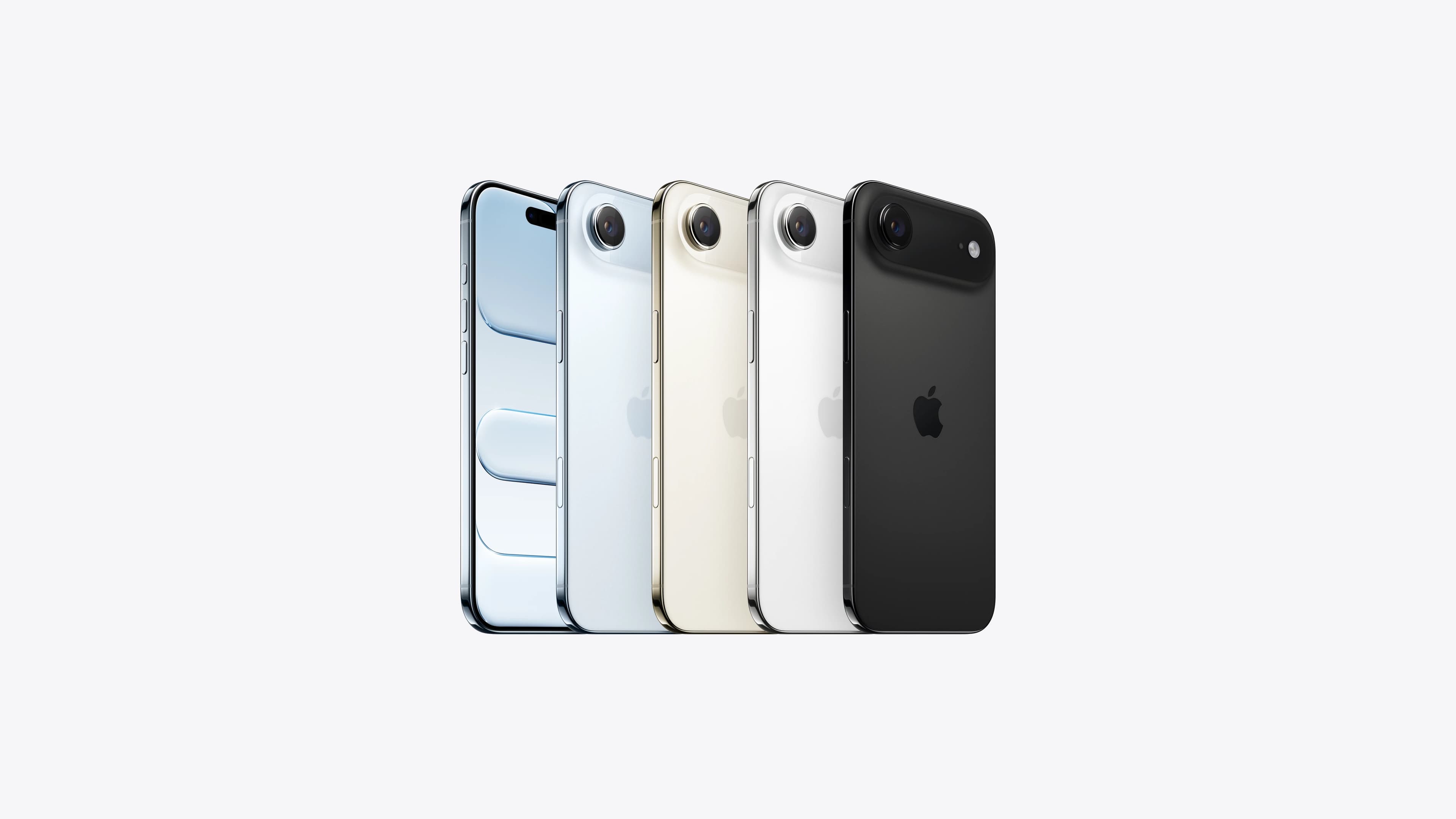 iPhone Air in all four finishes, one from the front and three from the back, each with a single rear lens