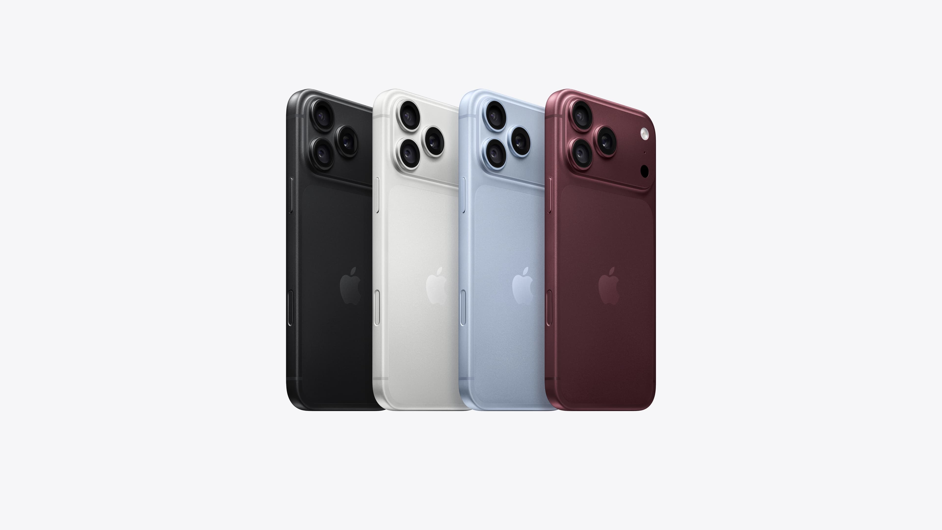 iPhone 18 Pro Max from the back in all four finishes — black, white, blue and burgundy