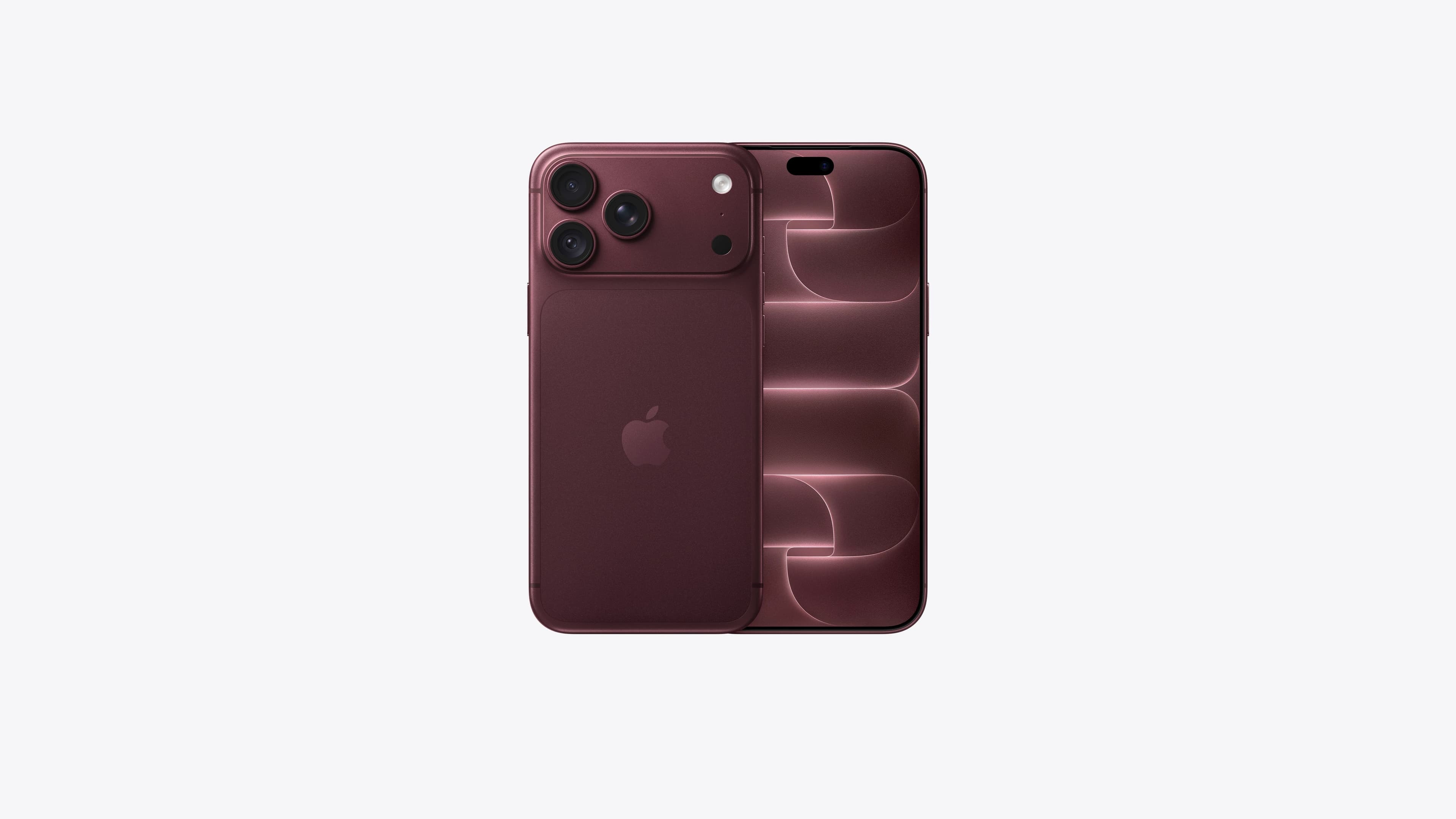 iPhone 18 Pro Max in burgundy, front and back together, showing the display and the triple-camera plateau