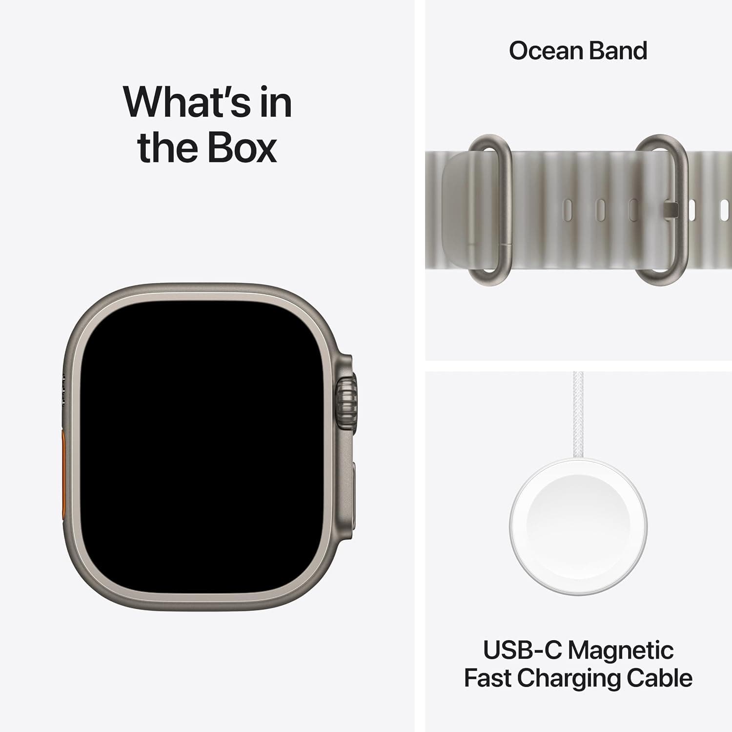 Apple Watch Ultra 4 with Ocean Band and USB-C charging cable