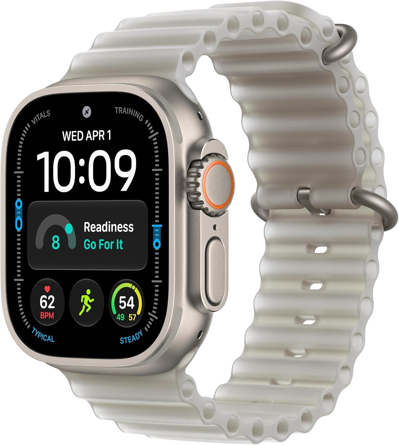 Apple Watch Ultra 4 in natural titanium with a light Ocean Band