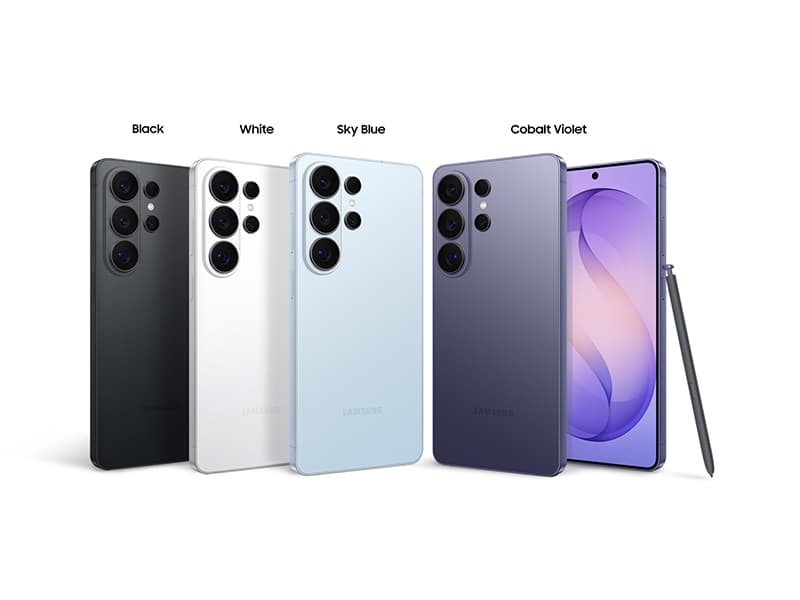 Samsung Galaxy S26 Ultra in Black, White, Sky Blue and Cobalt Violet, with a front view showing the display and the S Pen alongside