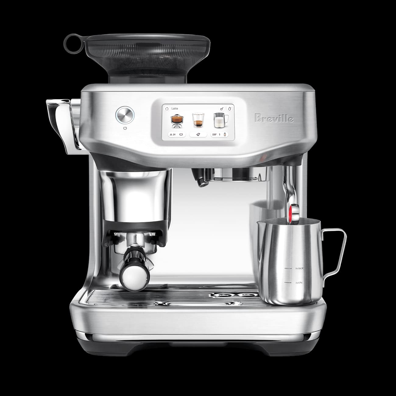 Breville Barista Touch Impress in brushed stainless steel, with its touchscreen and milk jug