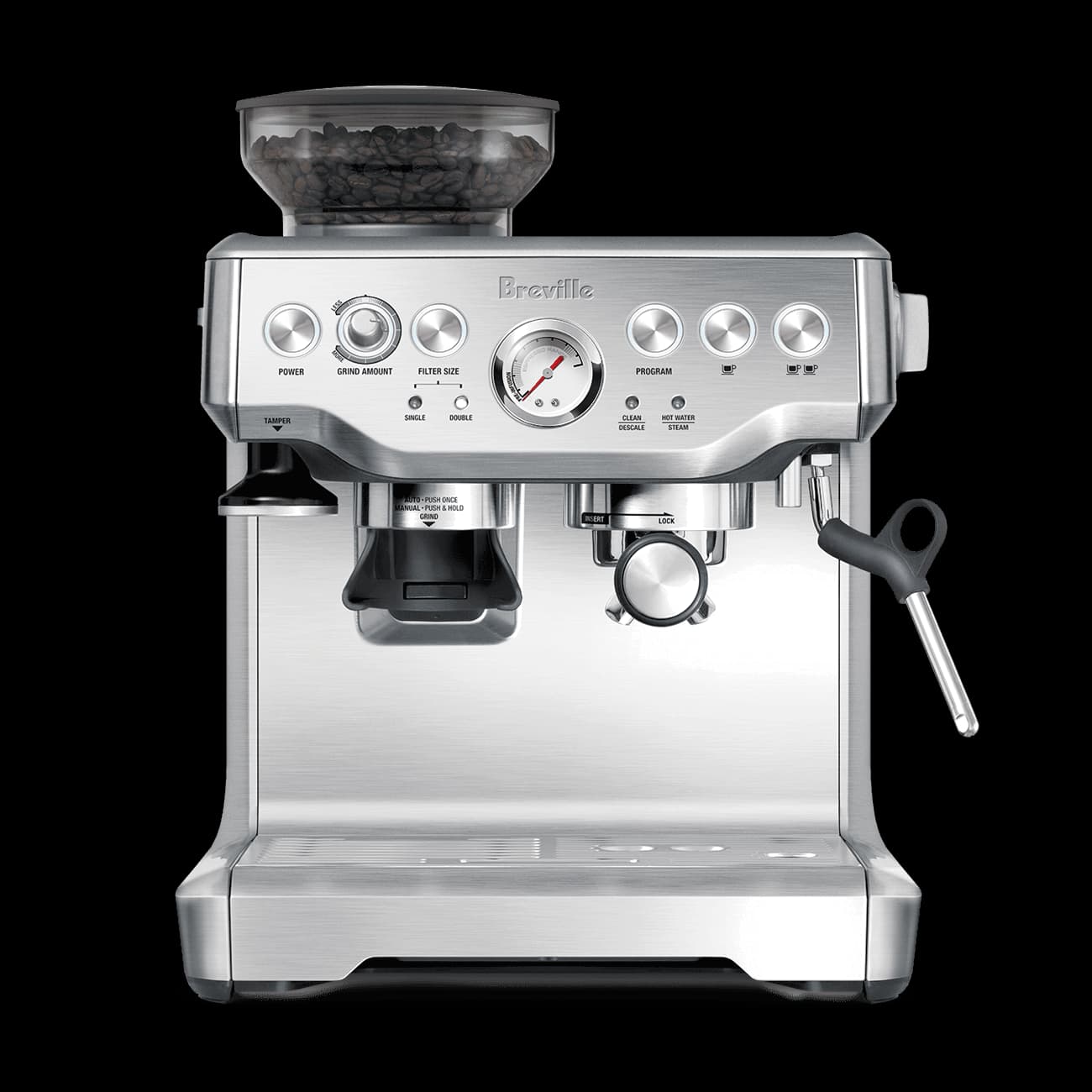 Breville Barista Express in brushed stainless steel, with its integrated grinder and 54 mm portafilter